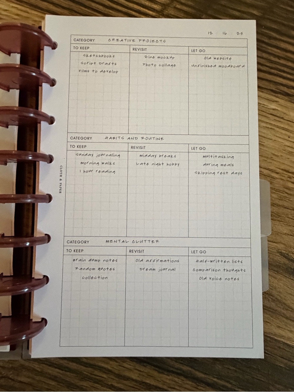 Cloth & Paper Disc Planner Project Habit Tracker Burgundy Minimalist - Picture 6 of 16